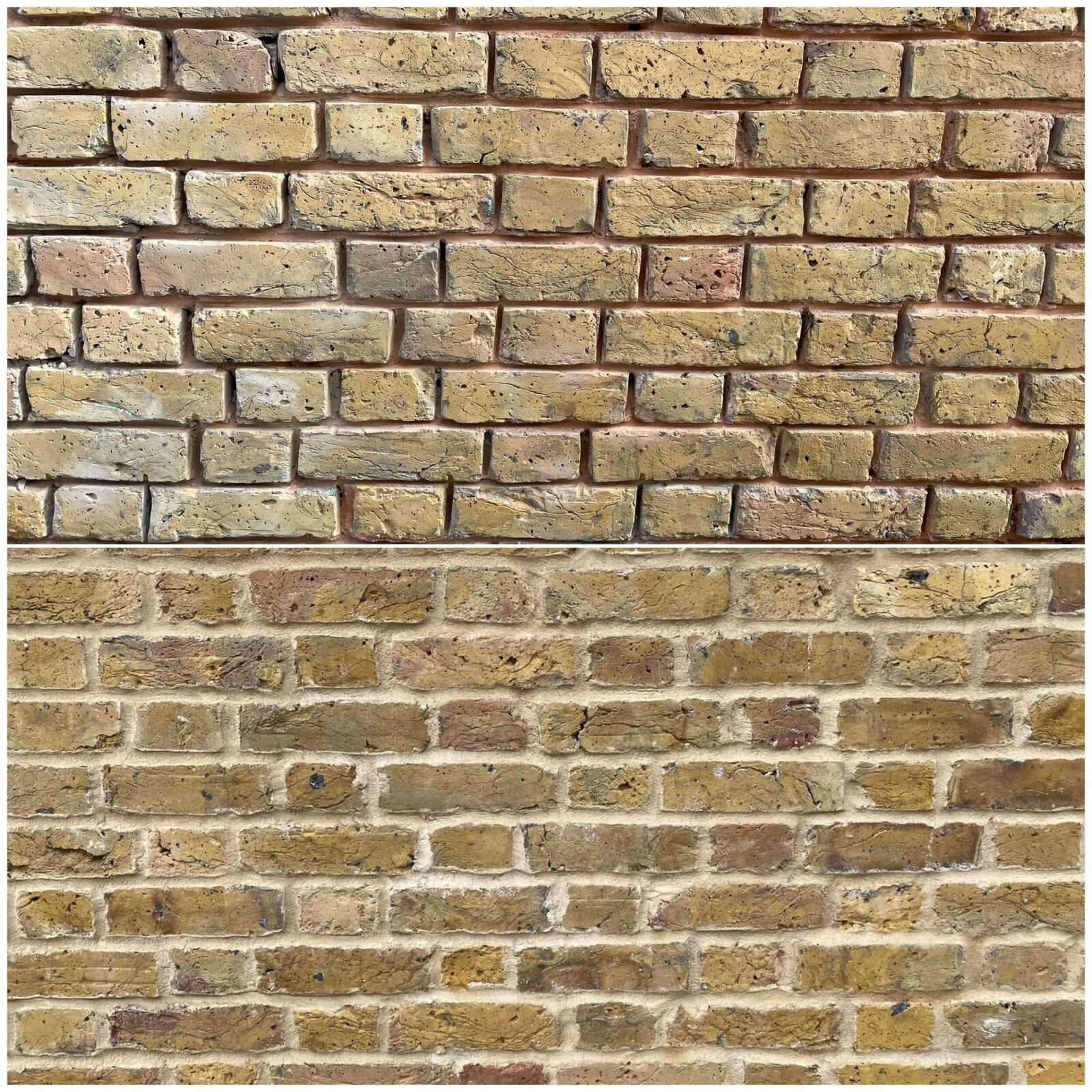Close-up of yellow stock brickwork showing mortar joints during repointing work